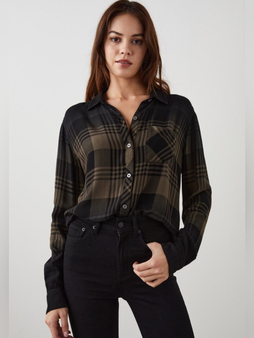 Rails Hunter Plaid Womens Soft Olive Green/Black Button Up Shirt Size Large